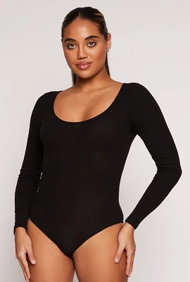 Womens Ribbed Knit Scoop Neck Long Sleeve Bodysuit, Black, Size M