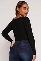 Womens Ribbed Knit Scoop Neck Long Sleeve Bodysuit, Black, Size M