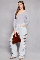 Womens Ribbed Knit Scoop Neck Long Sleeve Bodysuit, Grey, Size M