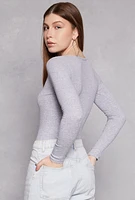Womens Ribbed Knit Scoop Neck Long Sleeve Bodysuit, Grey, Size M