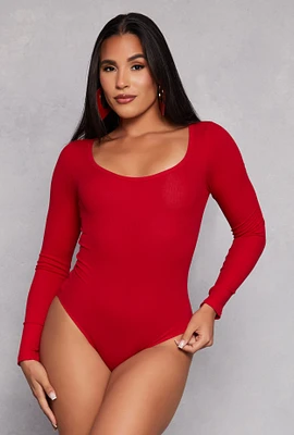 Womens Ribbed Knit Scoop Neck Long Sleeve Bodysuit, Red, Size M