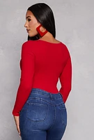 Womens Ribbed Knit Scoop Neck Long Sleeve Bodysuit, Red, Size M