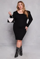 Womens Plus Size Puff Sleeve Sweater Dress, Black, Size 2X