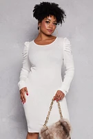 Womens Plus Size Puff Sleeve Sweater Dress, White, Size 1X