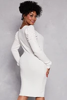 Womens Plus Size Puff Sleeve Sweater Dress, White, Size 1X