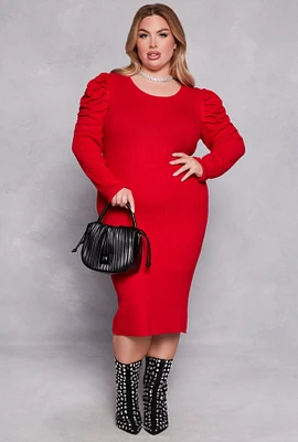 Womens Plus Size Puff Sleeve Sweater Dress, Red, Size 3X