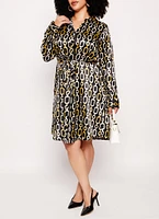 Womens Plus Size Satin Chain Print Button Front Shirt Dress, Multi, Size 1X