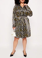 Womens Plus Size Satin Chain Print Button Front Shirt Dress, Multi, Size 1X