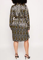 Womens Plus Size Satin Chain Print Button Front Shirt Dress, Multi, Size 1X