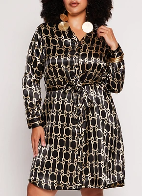 Womens Plus Size Satin Chain Print Tie Waist Dress, Brown, Size 1X