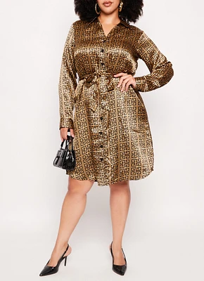 Womens Plus Size Greek Key Button Front Shirt Dress, Brown, Size 1X