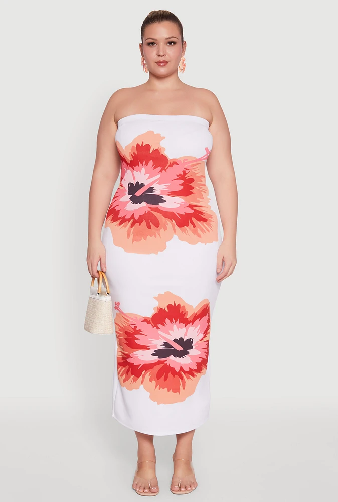 Womens Plus Size Floral Print Tube Dress, White, Size 1X