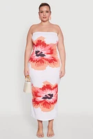 Womens Plus Size Floral Print Tube Dress, White, Size 1X
