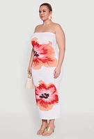 Womens Plus Size Floral Print Tube Dress, White, Size 1X