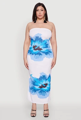 Womens Plus Size Floral Print Tube Dress, White, Size 2X