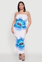 Womens Plus Size Floral Print Tube Dress, White, Size 2X