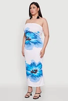 Womens Plus Size Floral Print Tube Dress, White, Size 2X
