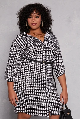 Womens Plus Size Houndstooth Belted Shirt Dress, Multi, Size 1X