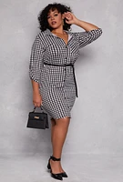 Womens Plus Size Houndstooth Belted Shirt Dress, Multi, Size 1X