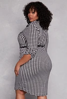 Womens Plus Size Houndstooth Belted Shirt Dress, Multi, Size 1X