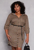 Womens Plus Size Houndstooth Belted Shirt Dress, Brown, Size 2X