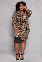 Womens Plus Size Houndstooth Belted Shirt Dress, Brown, Size 2X