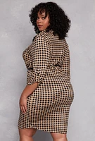 Womens Plus Size Houndstooth Belted Shirt Dress, Brown, Size 2X