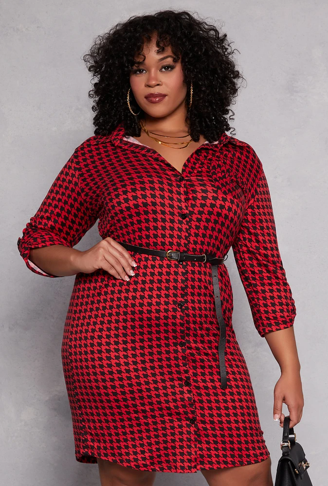 Womens Plus Size Houndstooth Belted Shirt Dress, Red, Size 1X