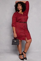 Womens Plus Size Houndstooth Belted Shirt Dress, Red, Size 1X