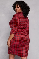 Womens Plus Size Houndstooth Belted Shirt Dress, Red, Size 1X