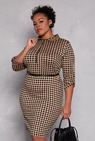 Womens Plus Size Houndstooth Half Zip Midi Dress, Brown, Size 2X