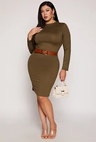 Womens Plus Size Funnel Neck Long Sleeve Dress, Green, Size 1X