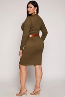Womens Plus Size Funnel Neck Long Sleeve Dress, Green, Size 1X