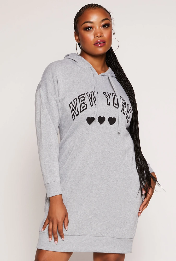 Womens Plus Size New York Graphic Hoodie Dress, Grey, Size 2X