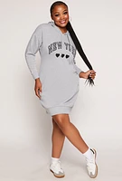 Womens Plus New York Graphic Hoodie Dress, Grey,