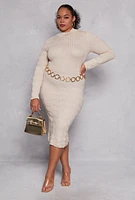 Womens Plus Size Greek Key Textured Knit Sweater Dress, Beige, Size 3X