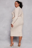 Womens Plus Size Greek Key Textured Knit Sweater Dress, Beige, Size 3X