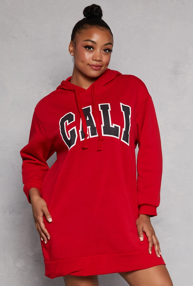 Womens Plus Size Cali Hooded Sweatshirt Dress, Red, Size 1X