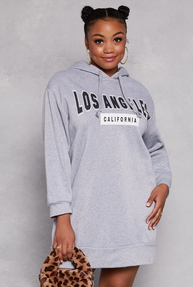 Womens Plus Los Angeles Hooded Sweatshirt Dress, Grey,