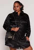 Womens Plus Size Satin Button Front Shirt Dress, Black, Size 3X