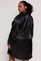 Womens Plus Size Satin Button Front Shirt Dress, Black, Size 1X