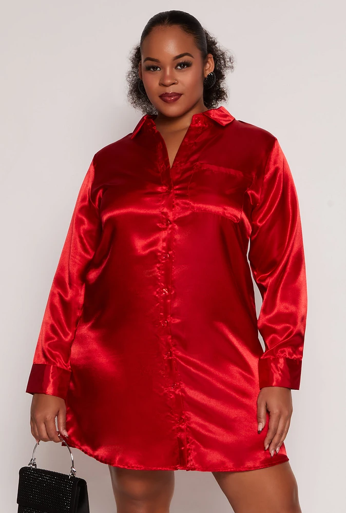 Womens Plus Size Satin Button Front Shirt Dress, Red, Size 3X