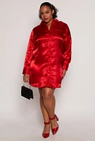 Womens Plus Size Satin Button Front Shirt Dress, Red, Size 3X