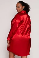 Womens Plus Size Satin Button Front Shirt Dress, Red, Size 3X