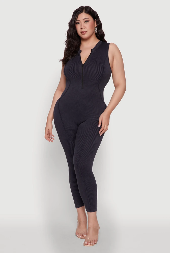 Womens Seamless Ribbed Knit Sleeveless Jumpsuit with Zip Neck, Black, Size 2X-3X