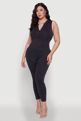 Womens Seamless Ribbed Knit Sleeveless Jumpsuit with Zip Neck, Black, Size 2X-3X
