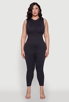Womens Seamless Ribbed Knit Sleeveless Jumpsuit with Zip Neck, Black, Size 2X-3X