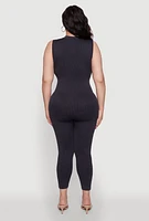 Womens Seamless Ribbed Knit Sleeveless Jumpsuit with Zip Neck, Black, Size 2X-3X