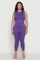 Womens Seamless Ribbed Knit Sleeveless Jumpsuit with Zip Neck, Purple, Size 2X-3X