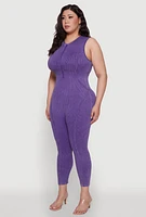 Womens Seamless Ribbed Knit Sleeveless Jumpsuit with Zip Neck, Purple, Size 2X-3X